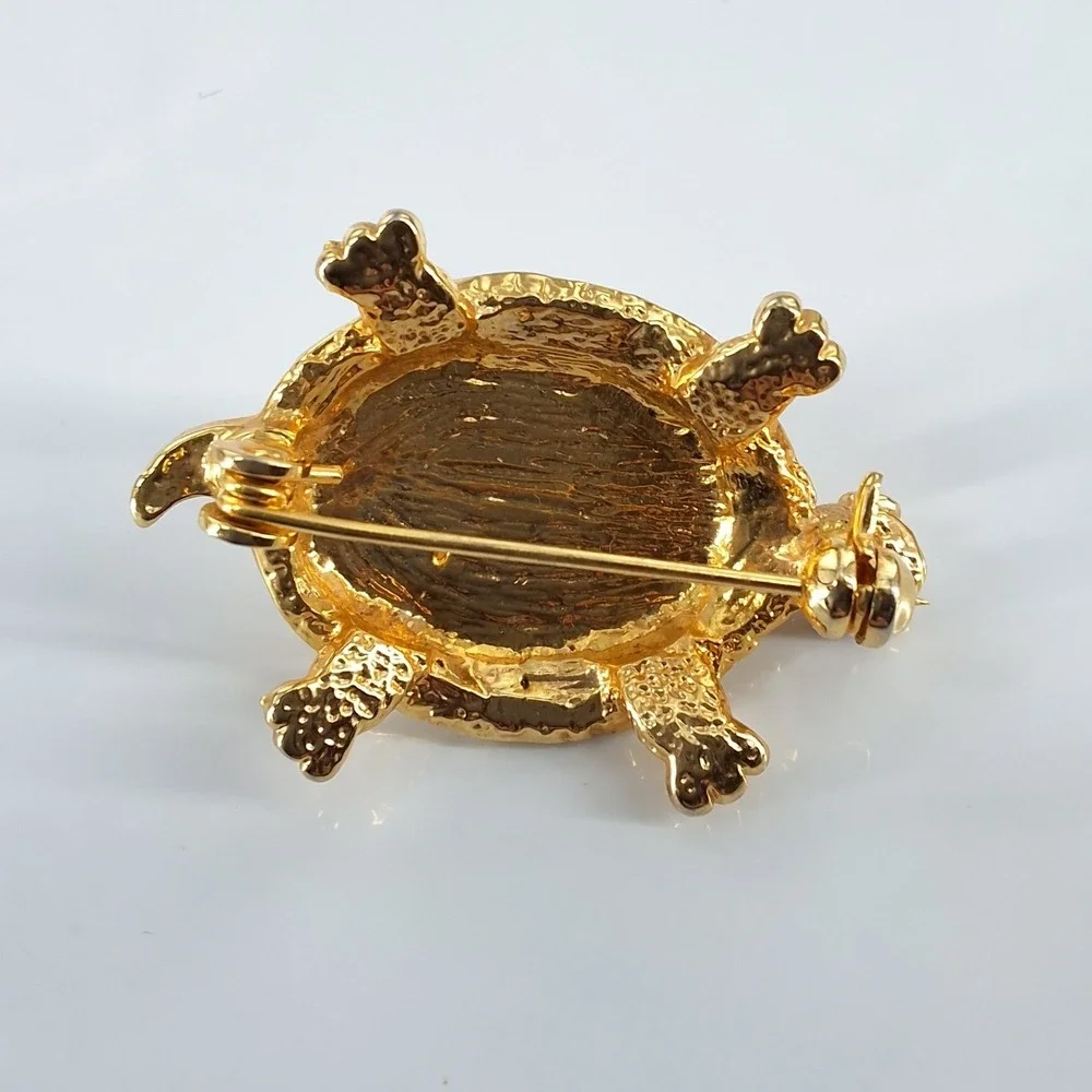 Vintage Gold Tone Turtle Brooch Faux Pearl‎ Rhinestone Shell Red Eyes Pin